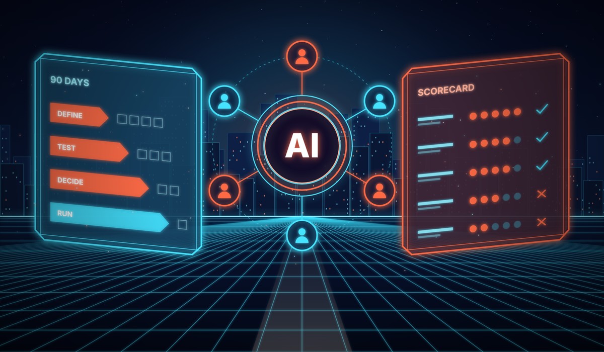 Illustration of an AI task force hub surrounded by team seats, with a 90-day timeline panel and a use-case scorecard panel
